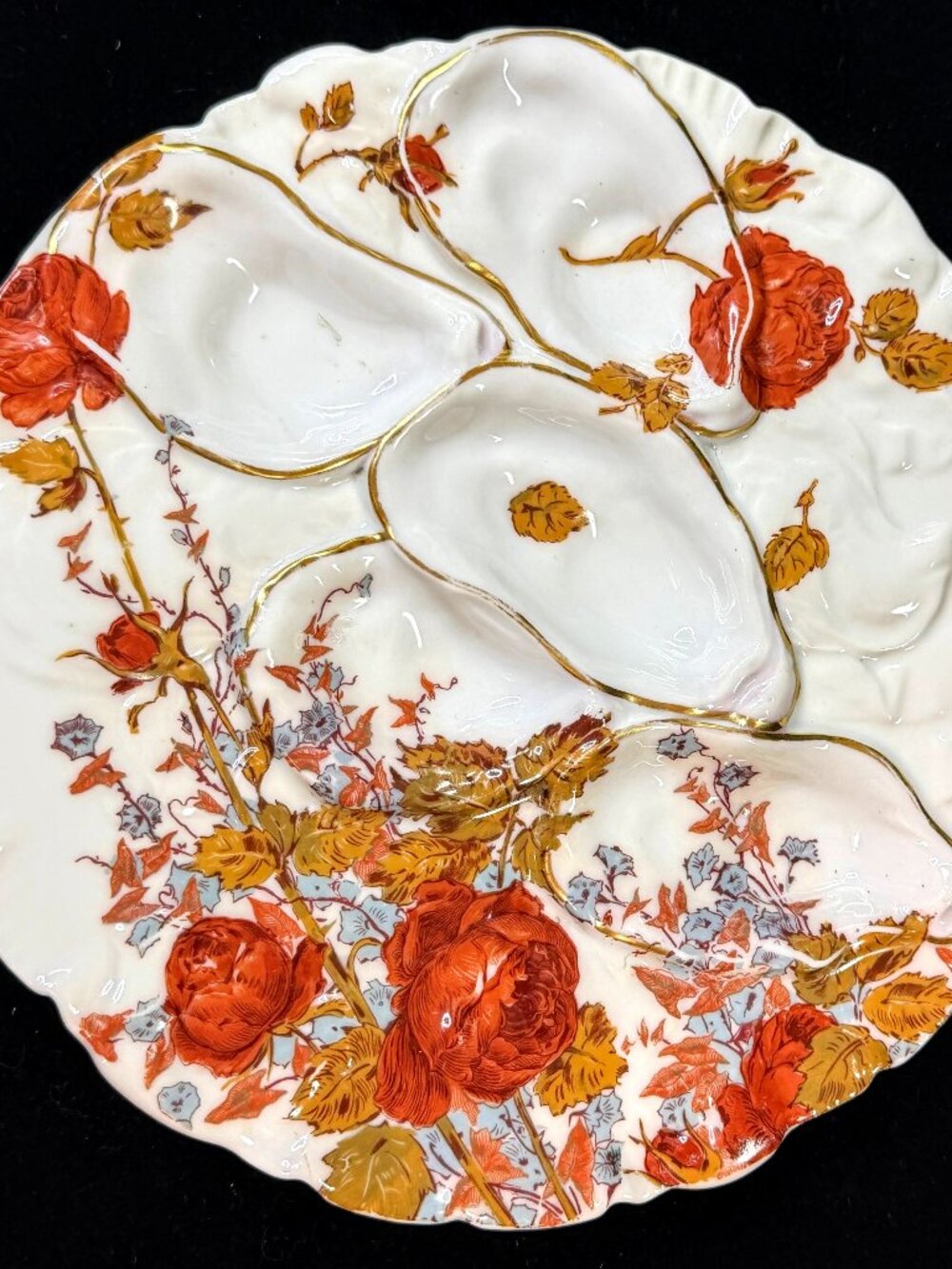 Antique Haviland Limoges Oyster Plate Red Roses Gold Gilt D.B. Bedell 8.785"A124
